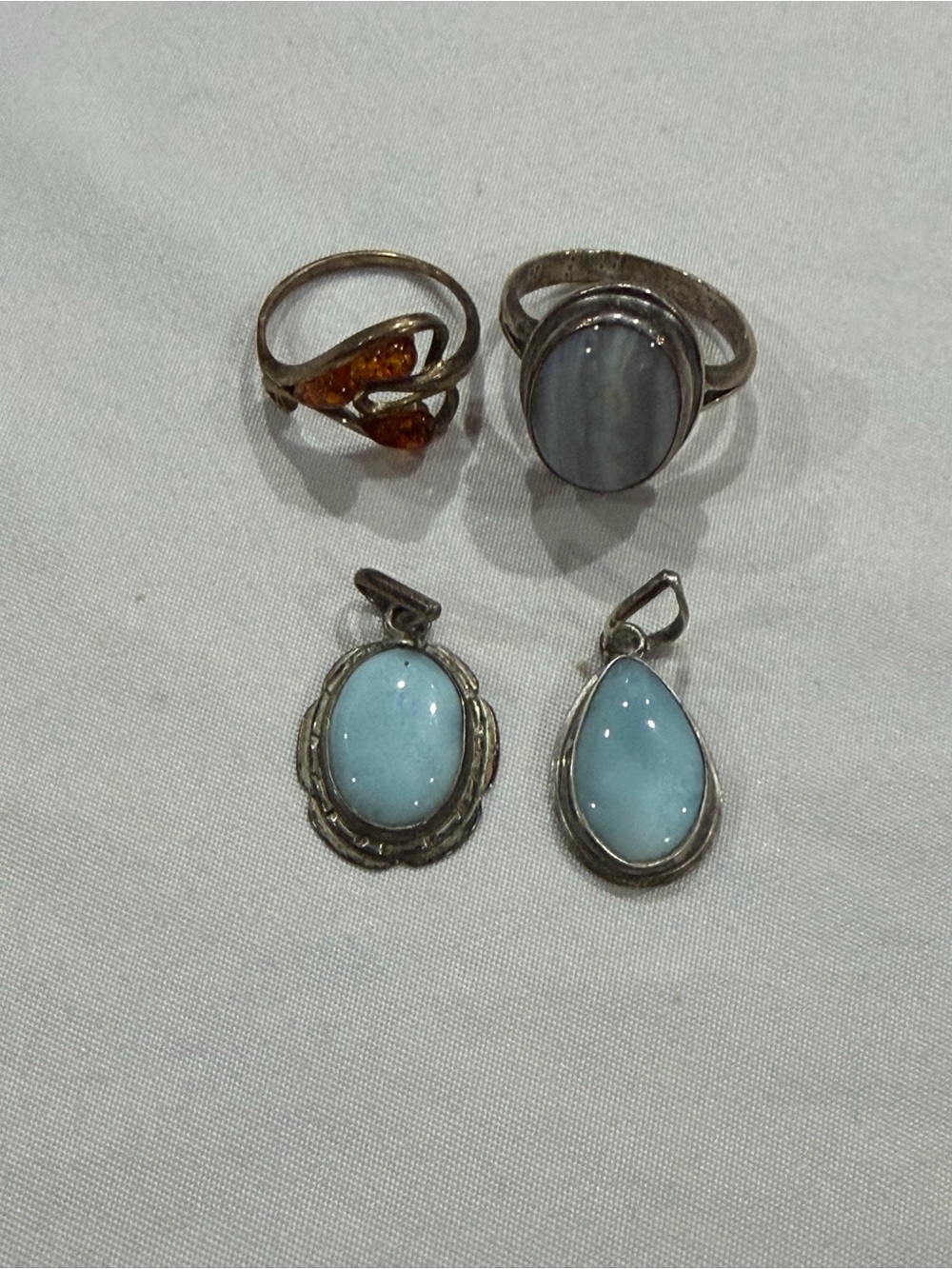 Two Silver plated Larimar Teardrop Pendant - Light Blue Gemstone. Two rings.